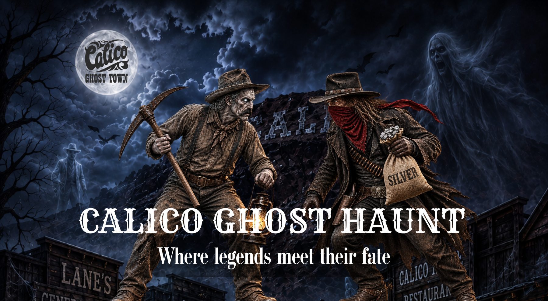 A ghostly 1880s silver miner holding a pickaxe facing an outlaw carrying a bag of silver. The nighttime Calico Ghost Town scene includes a full moon, storm clouds, bats and ghostly apparitions. Text: Calico Ghost Haunt, Where legends meet their fate.