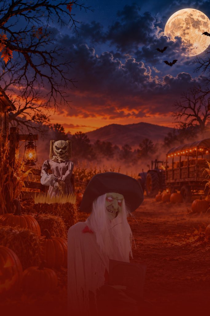 Halloween-themed harvest festival scene at dusk featuring pumpkins, hay bales, a spooky witch and scarecrow along a farm path. A glowing full moon, bats and dark clouds fill the sky, while a tractor and illuminated hayride wagon appear in the background.
