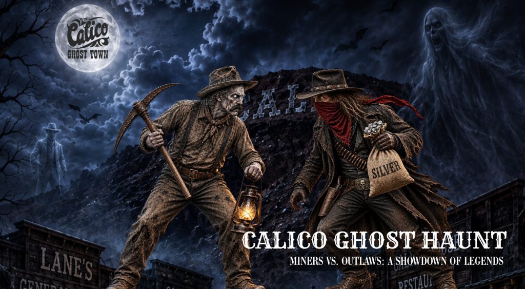 A ghostly 1880s silver miner holding a pickaxe facing an outlaw carrying a bag of silver. The nighttime Calico Ghost Town scene includes a full moon, storm clouds, bats and ghostly apparitions. Text: Calico Ghost Haunt, Miners vs. Outlaws: a showdown of Legends.