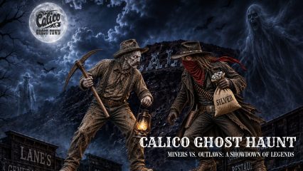A ghostly 1880s silver miner holding a pickaxe facing an outlaw carrying a bag of silver. The nighttime Calico Ghost Town scene includes a full moon, storm clouds, bats and ghostly apparitions. Text: Calico Ghost Haunt, Miners vs. Outlaws: a showdown of Legends.