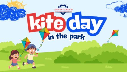 Colorful Kite Day in the Park graphic featuring two children running with kites across a grassy park. Additional colorful kites fly above green hills under a light blue sky with illustrated clouds and sun. Text reads “Kite Day in the Park” with San Bernardino County Supervisor Armendarez branding.