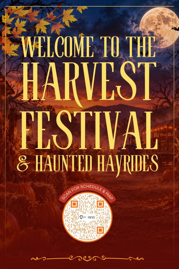 Fall-themed Harvest Festival and Haunted Hayrides graphic featuring a glowing full moon, autumn leaves, pumpkins and a spooky nighttime landscape. Large text reads “Welcome to the Harvest Festival & Haunted Hayrides.” A QR code near the bottom says Scan for Schedule & Map.